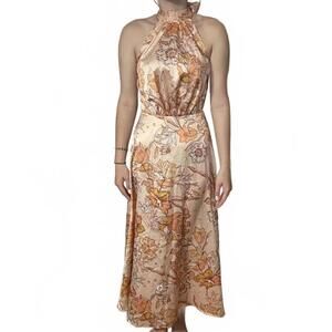 Flying Tomato Floral Halter Neck Satin Midi Dress - Size Small Cream and Orange